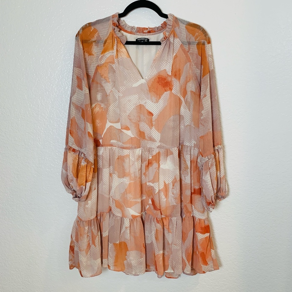 Express Mini Shift Dress Womens Size Large Floral Ruffle Neck Tiered Boho Fairy - Picture 1 of 11